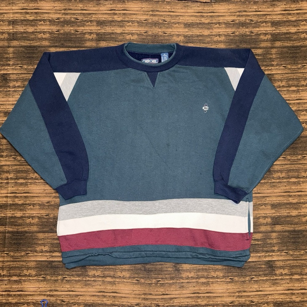 Cherokee Sweater Mens XL Green Vintage 90s Colorblock Pockets Crew Neck